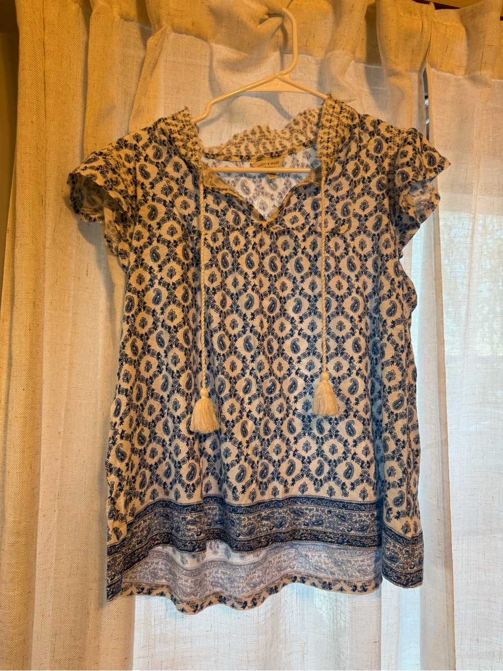 Lucky Brand Blue & Cream Boho Tassel V-Neck Tunic